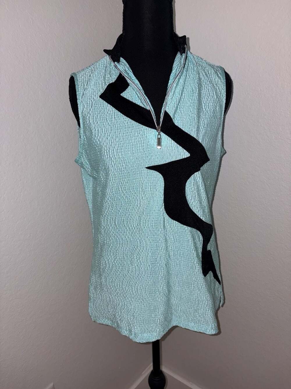 Jamie Sadock Blue Crinkle Lightning Bolt 1/4 Zip Golf Sleeveless Polo Top Size S